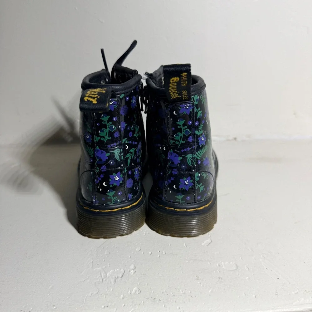 Dr. Martens Boots Floral Patent Leather Black Purple Green Kids Size 9 US